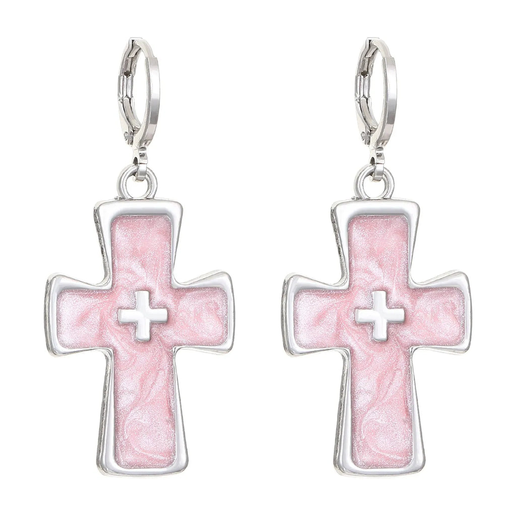 Women's alloy earrings with cross designs in white, bright black, and antique silver colour options