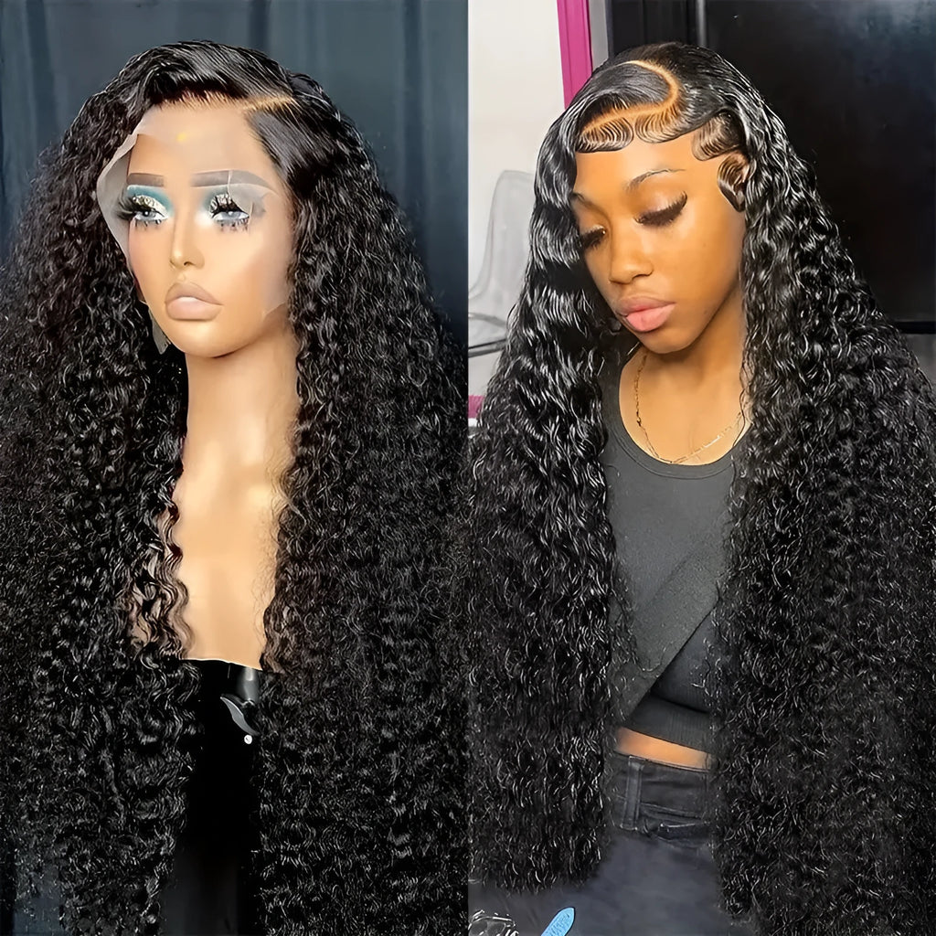 Women's long curly black synthetic lace wig with side bangs in small roll Afro style.