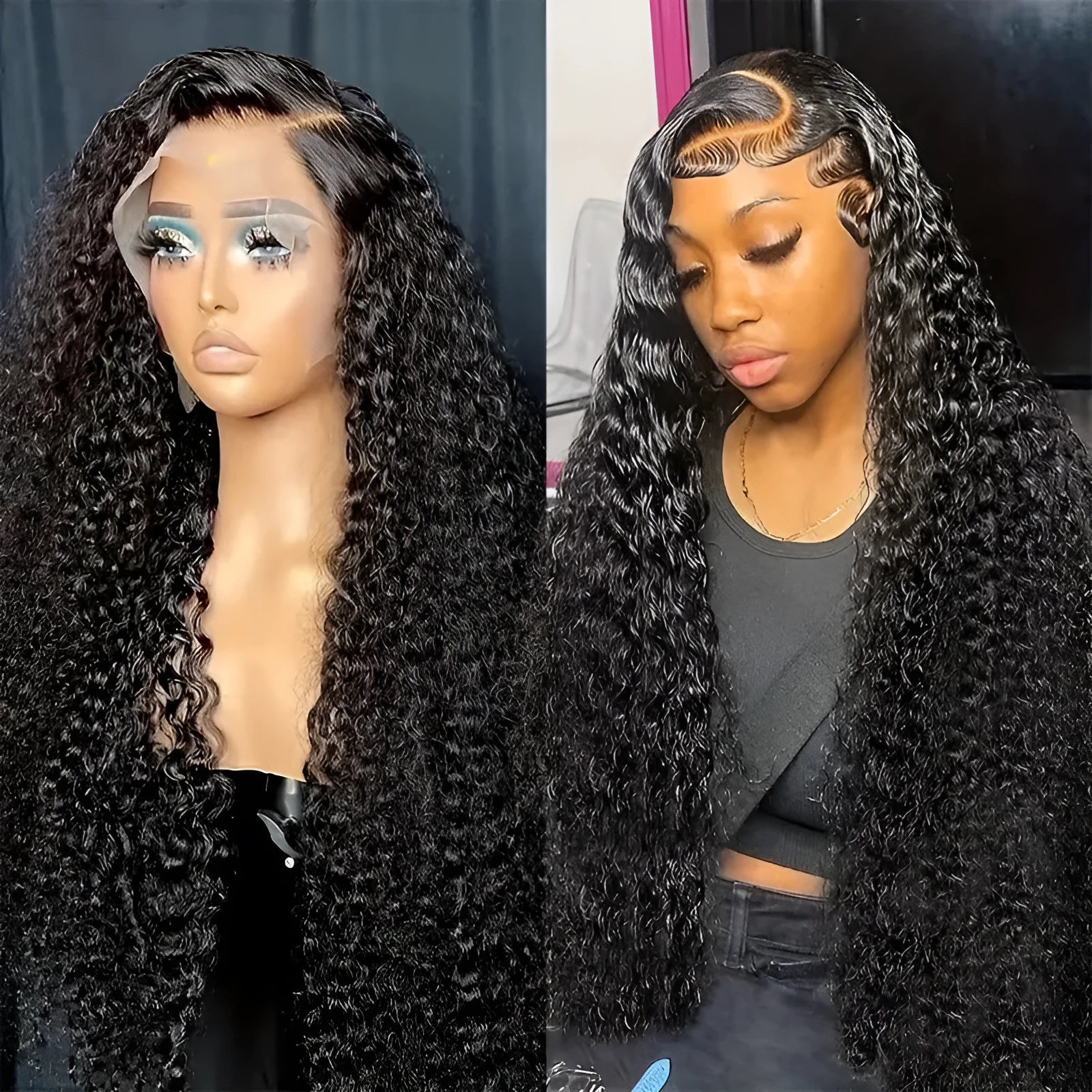 Women's long curly black synthetic lace wig with side bangs in small roll Afro style.