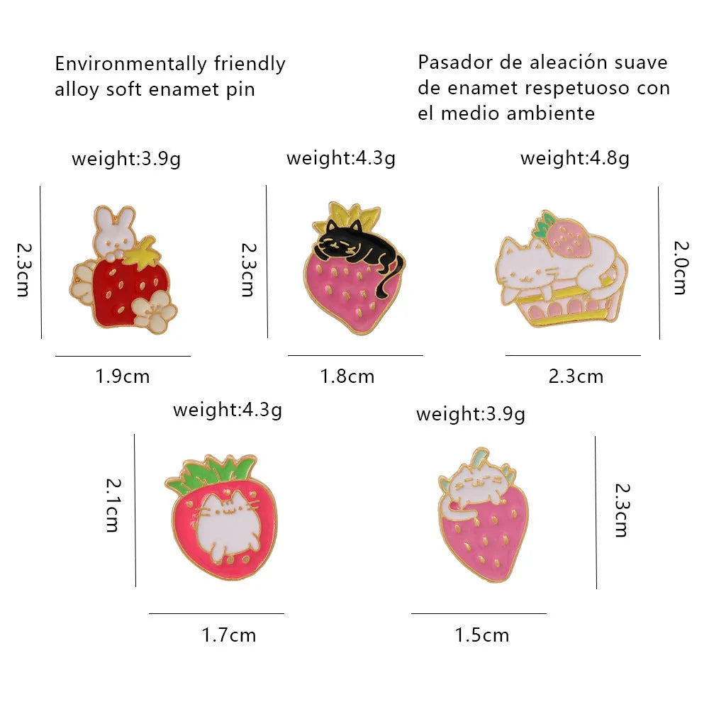 Alloy metal brooch with cat strawberry cake and dripping oil design in five colour options