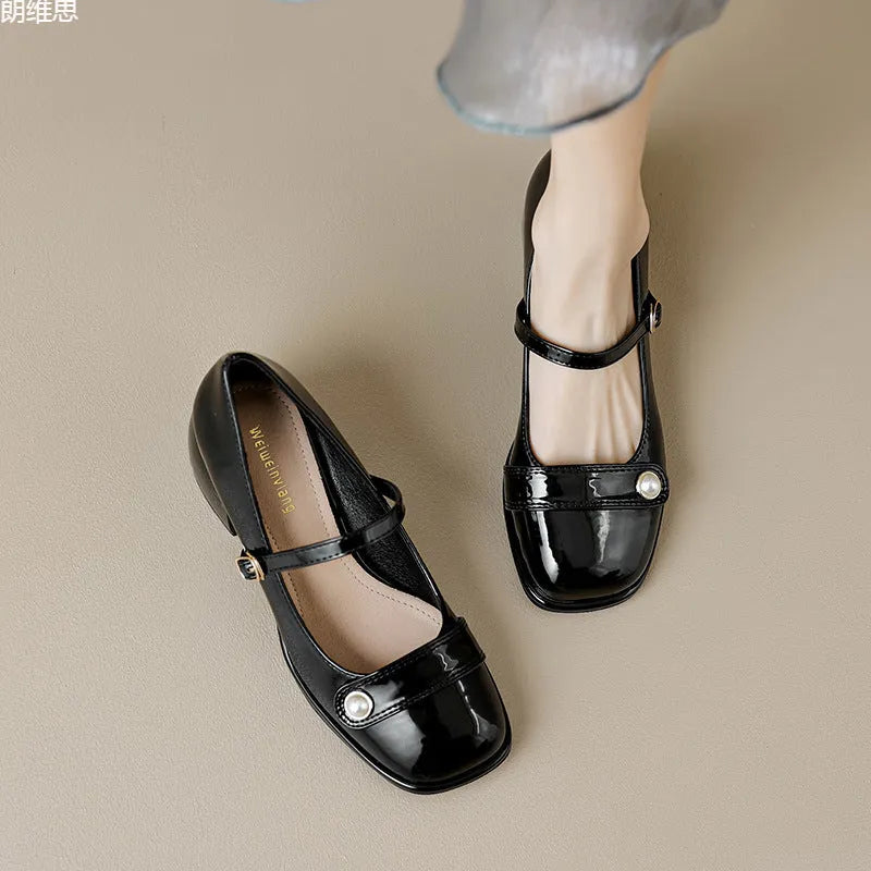 Women's apricot patent leather pumps with chunky heel and square toe, showing buckle ankle strap