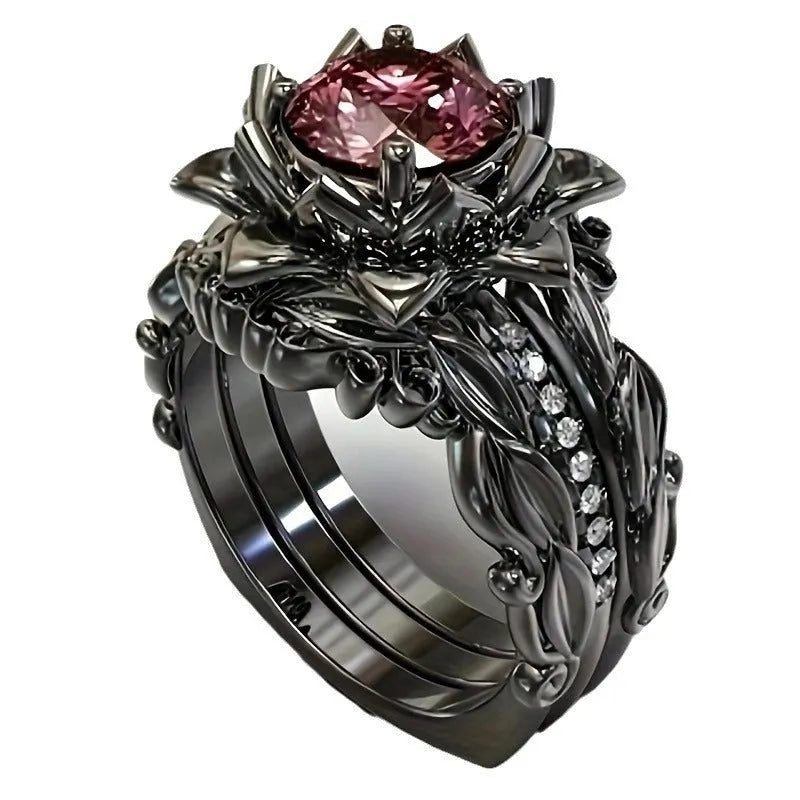 Geometric flower design ring with zircon ornaments in electroplated alloy, showing colour options.