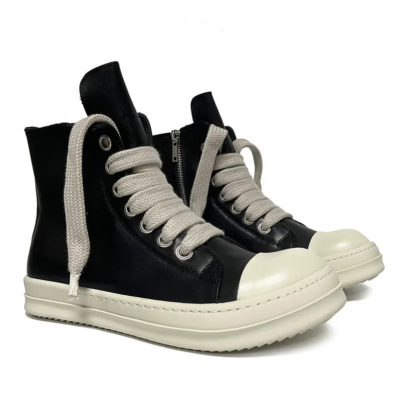 Black high-top leather casual sneakers with a side zipper and a round toe on a rubber sole.