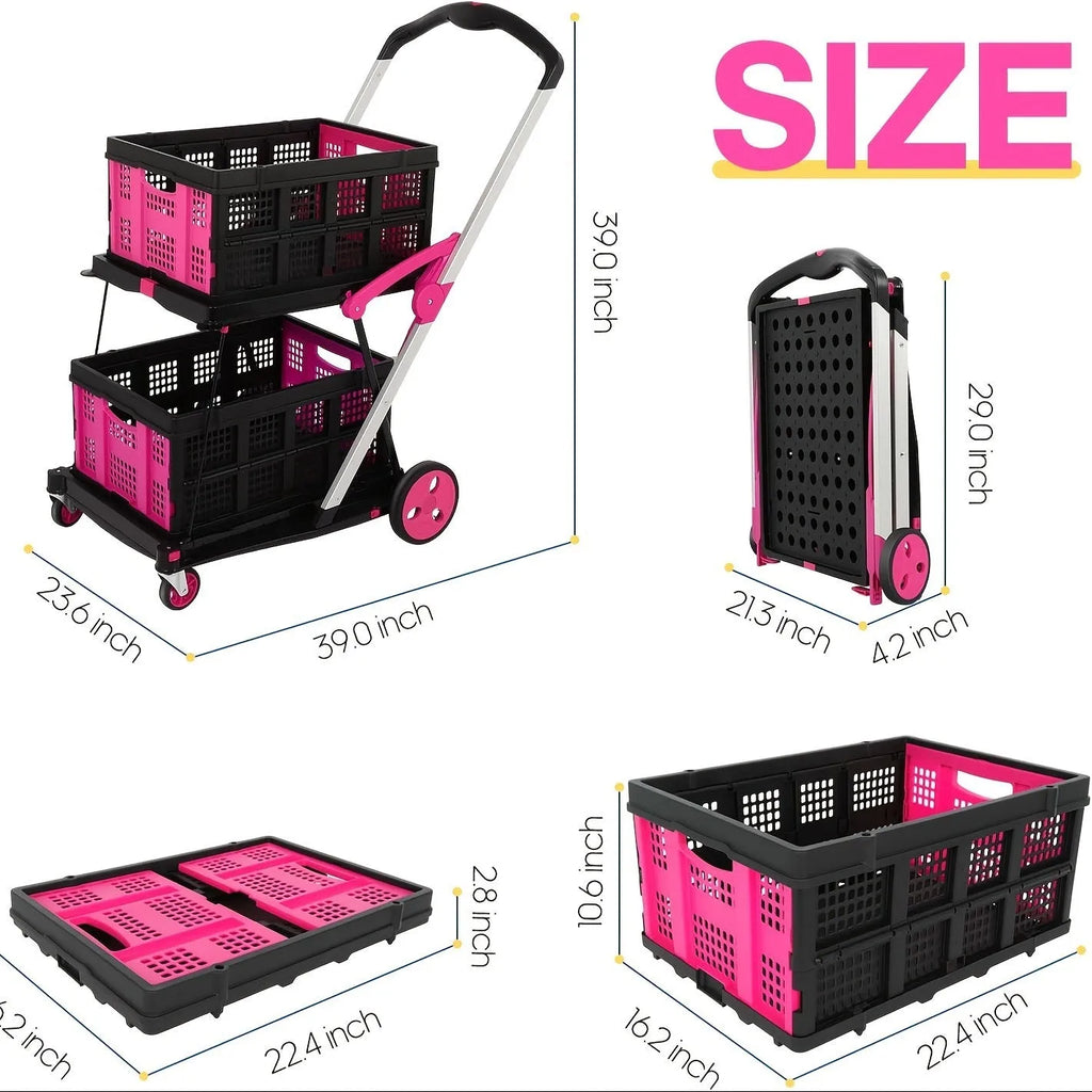 Foldable shopping cart with a double-layer plastic basket, shown in a choice of blue, purple, pink, or red colours.