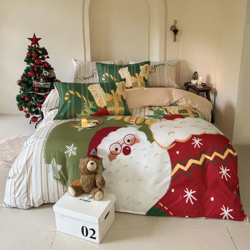 Christmas cartoon printed four-piece cotton bedding set showing duvet cover and pillowcases
