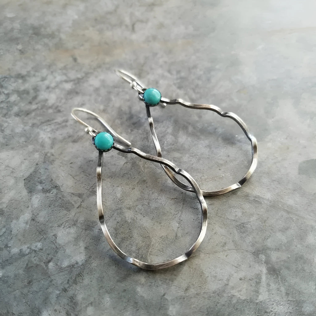 Bohemian style geometric circle earrings with vintage turquoise design in antique silver alloy metal