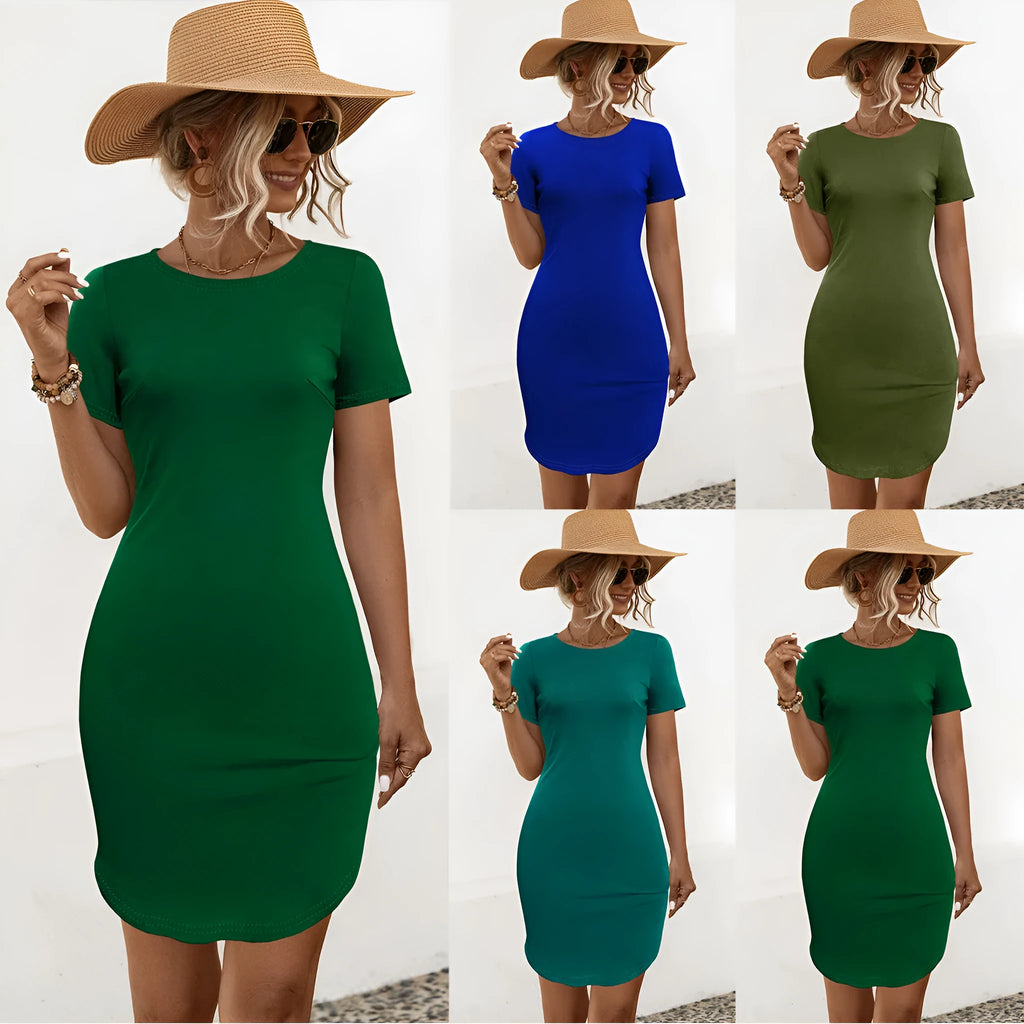 Women's slim-fitting short sleeve dress with a U-shaped split detail in a dark green cotton blend fabric.