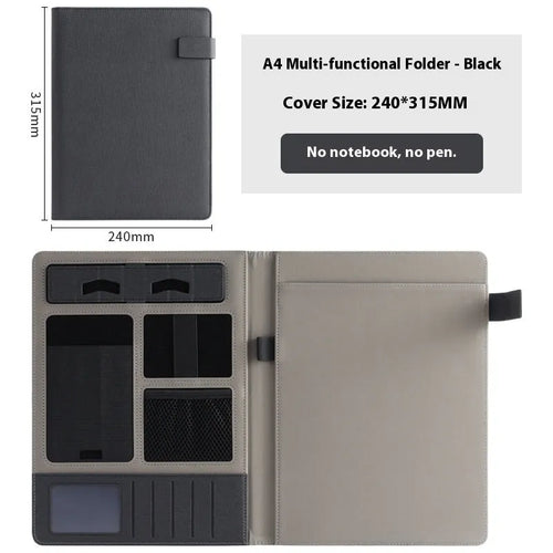 Black leather A4 multifunction folder for documents with optional pen and notepad.