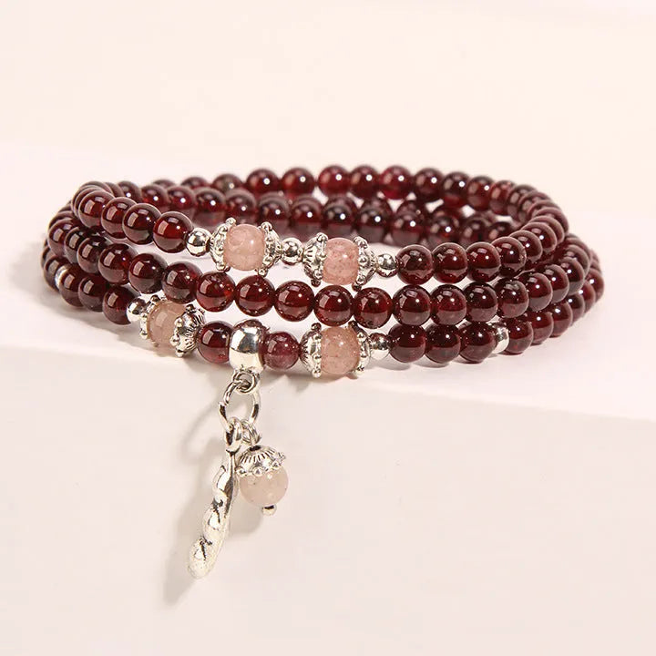 Women's wine red garnet crystal bracelet with flower-shaped pendant in bohemian ethnic style