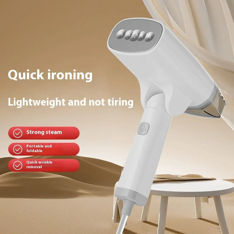 Blue or white handheld garment steamer with power cord and steam nozzle, showing compact size.