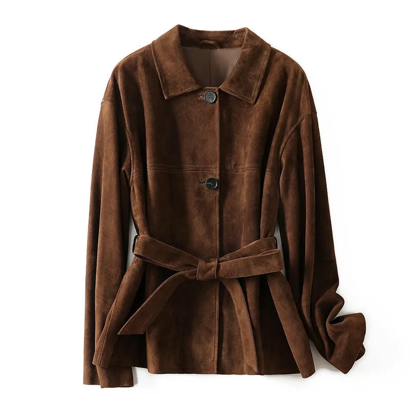 Retro loose-fit caramel mocha cashmere coat with leather trim and a Peter Pan collar