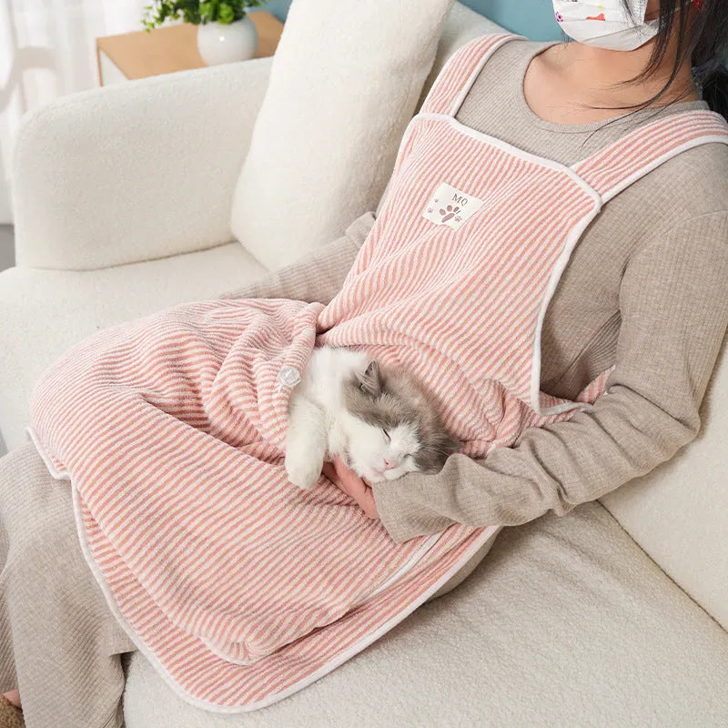 Cat petting apron in multiple colour options including pink, light blue, and striped patterns for grooming protection
