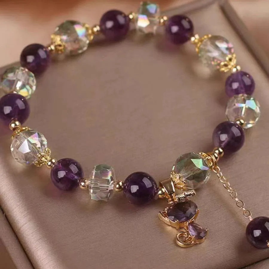 Natural amethyst fox pendant crystal bracelet with purple flower charm and antique styling