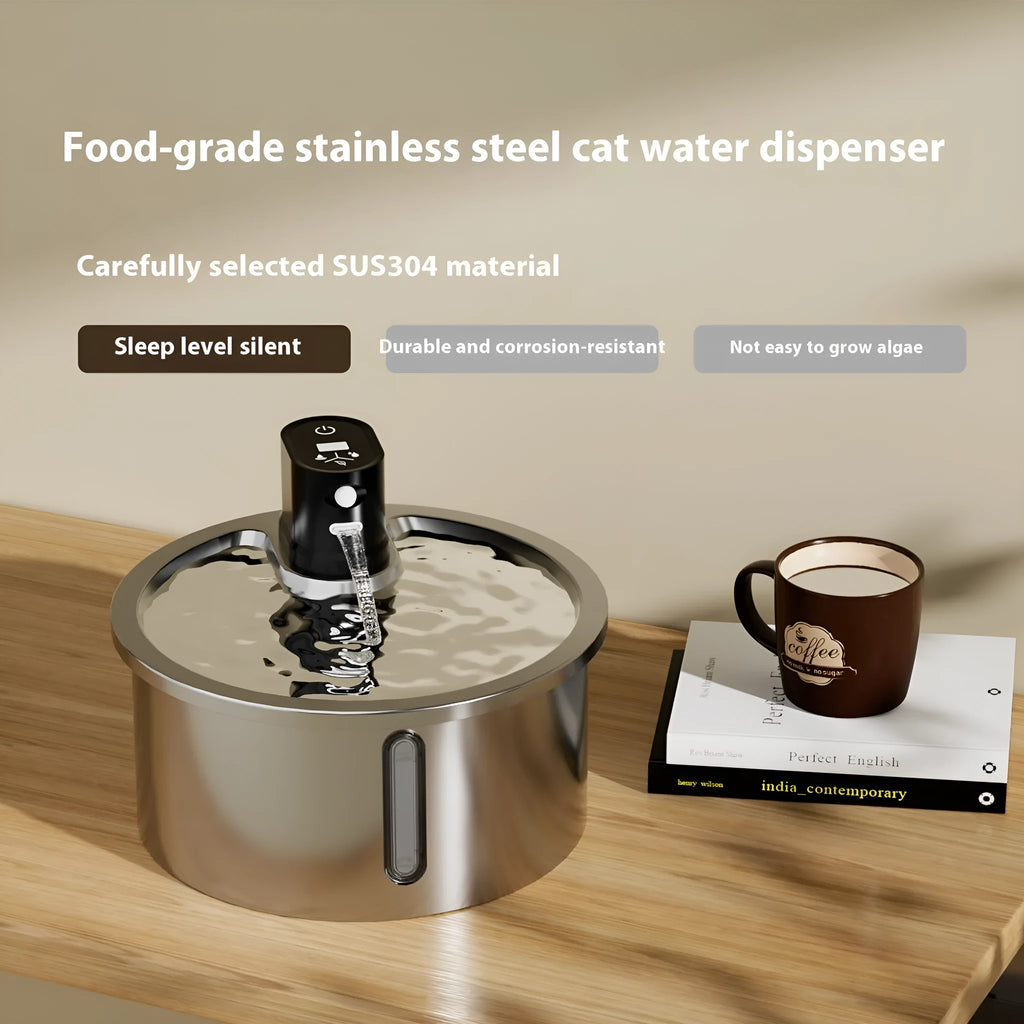 Stainless steel pet water fountain with a white heating base on a wooden floor.