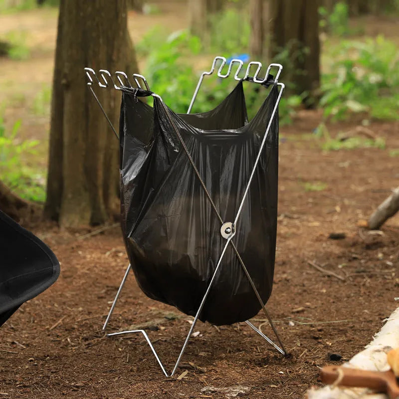Stainless steel folding garbage bag bracket in silver or black colour for camping