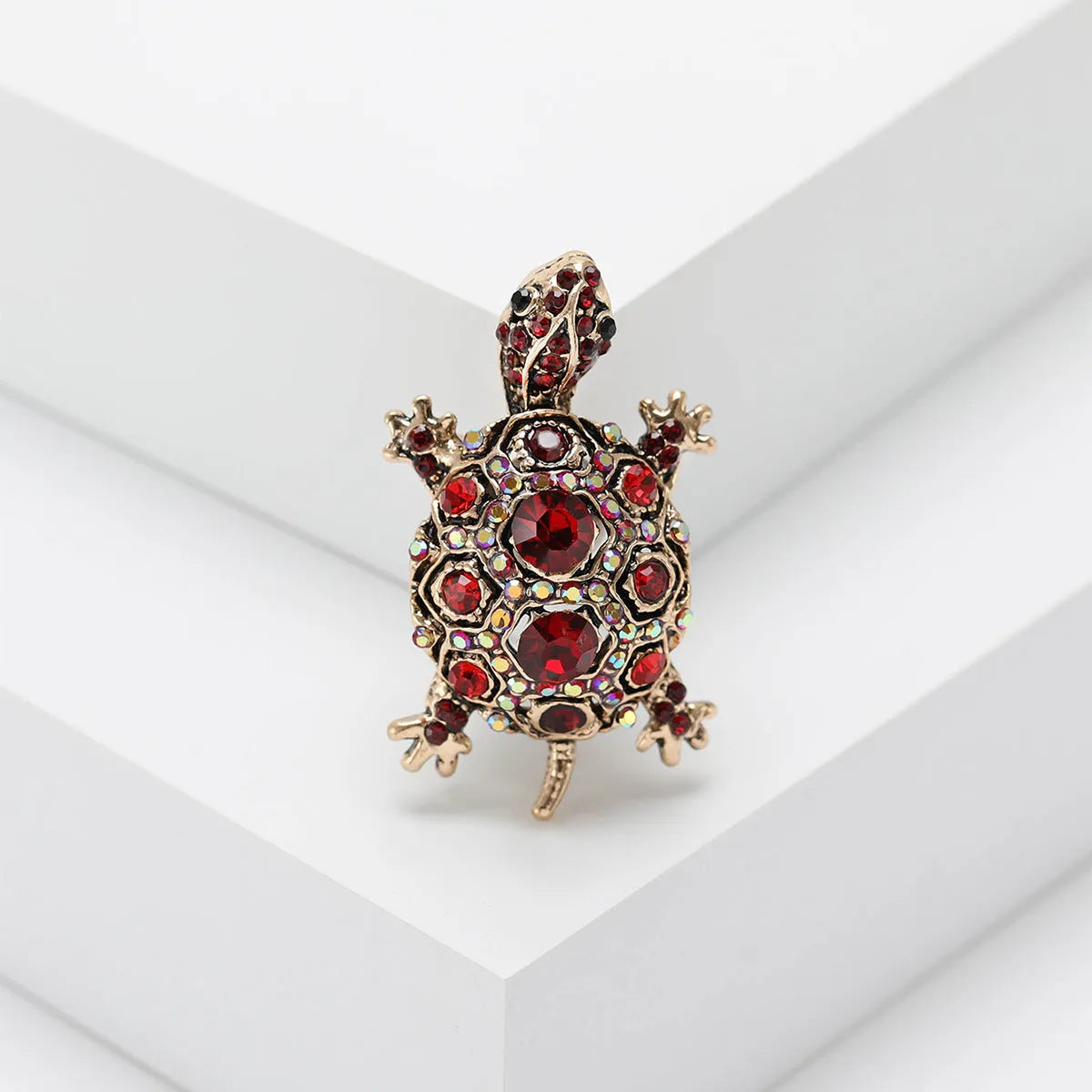 Retro style turtle brooch with rhinestone detailing in blue, green, or red colour options