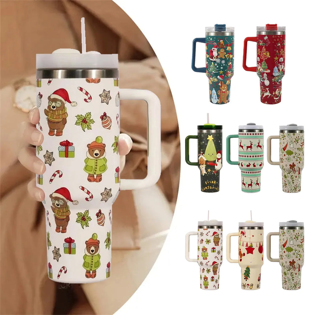 Christmas pattern stainless steel vacuum tumbler with handle, lid and straw showing 1200ml capacity measurements