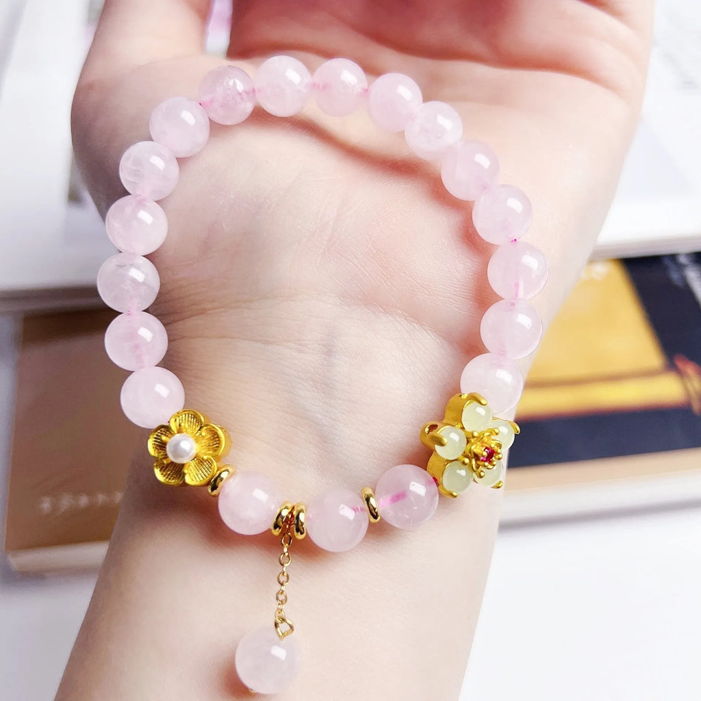 Pink crystal peach blossom bracelet for women, handmade natural style
