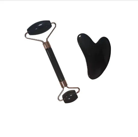 Two-piece resin gua sha roller set for face massage in black, pink, and green jade handle options