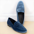 Blue and black sole leisure loafers with artificial PU suede upper and rubber sole.