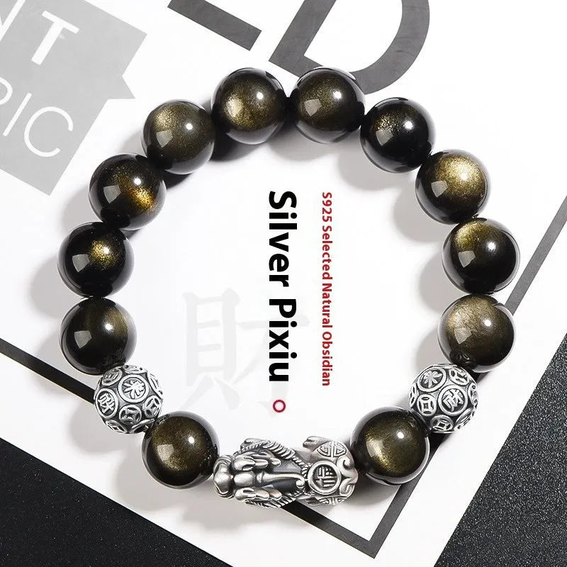 Men's geometric obsidian bracelet with leather-textured sterling silver details in 10mm, 12mm or 14mm sizes