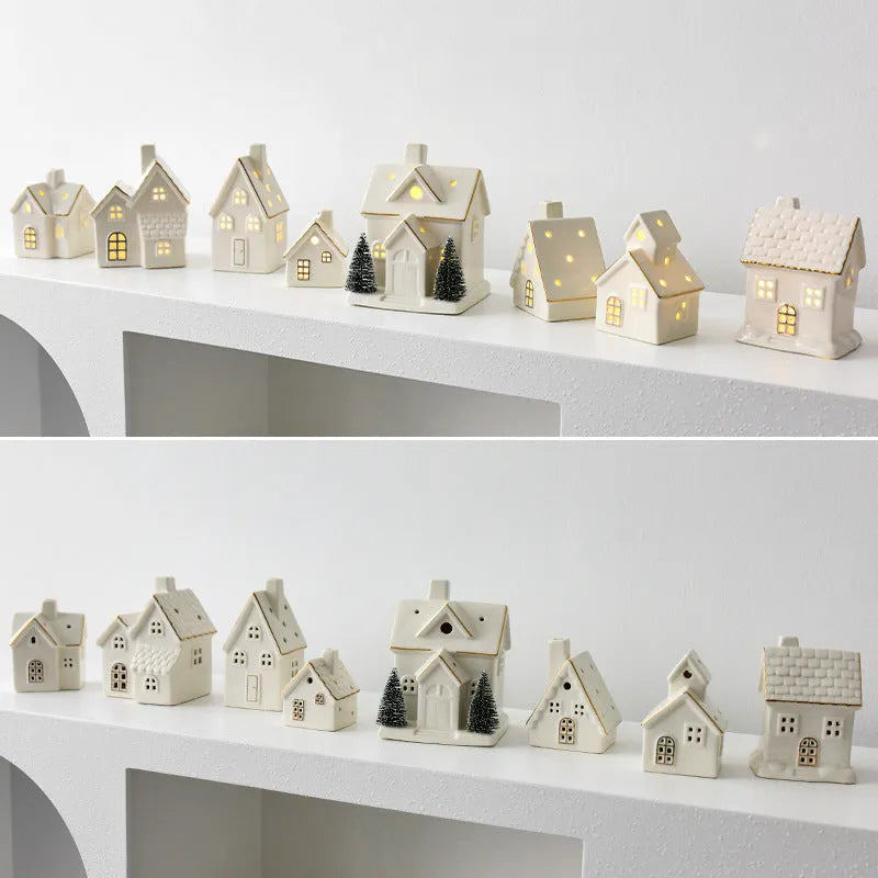 Ceramic Christmas tree house ornament in European style villa design with open door