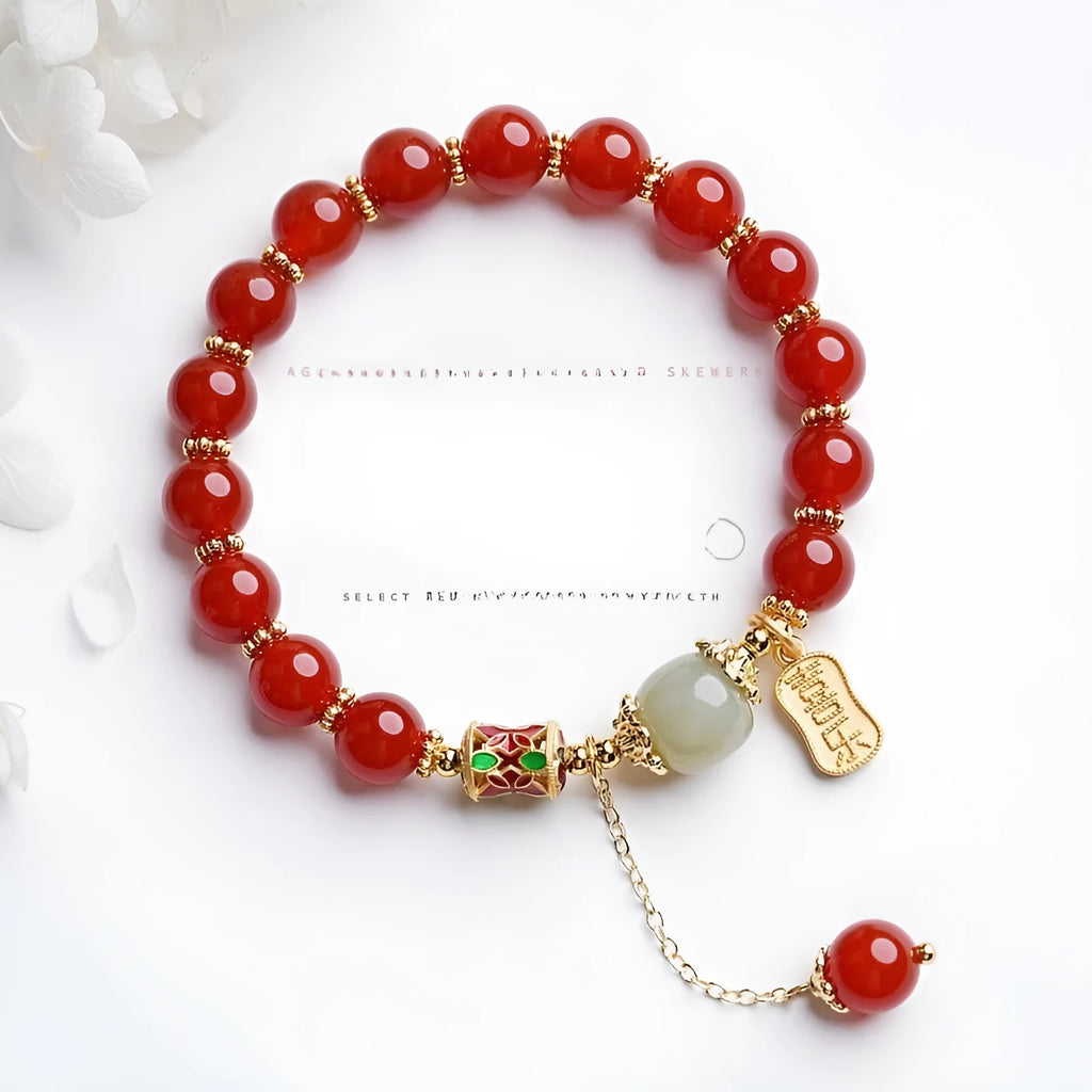 Natural crystal red agate Hetian jade beads bracelet with gold plating for women