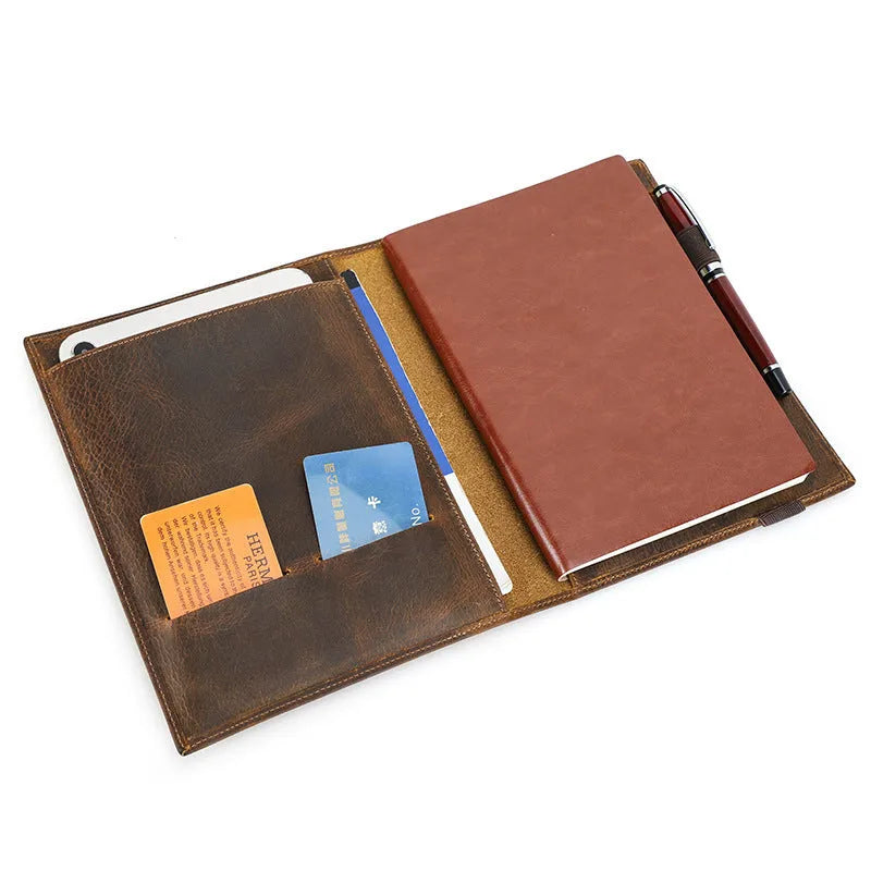 Brown Crazy Horse leather A5 notebook protective sleeve with multiple storage compartments