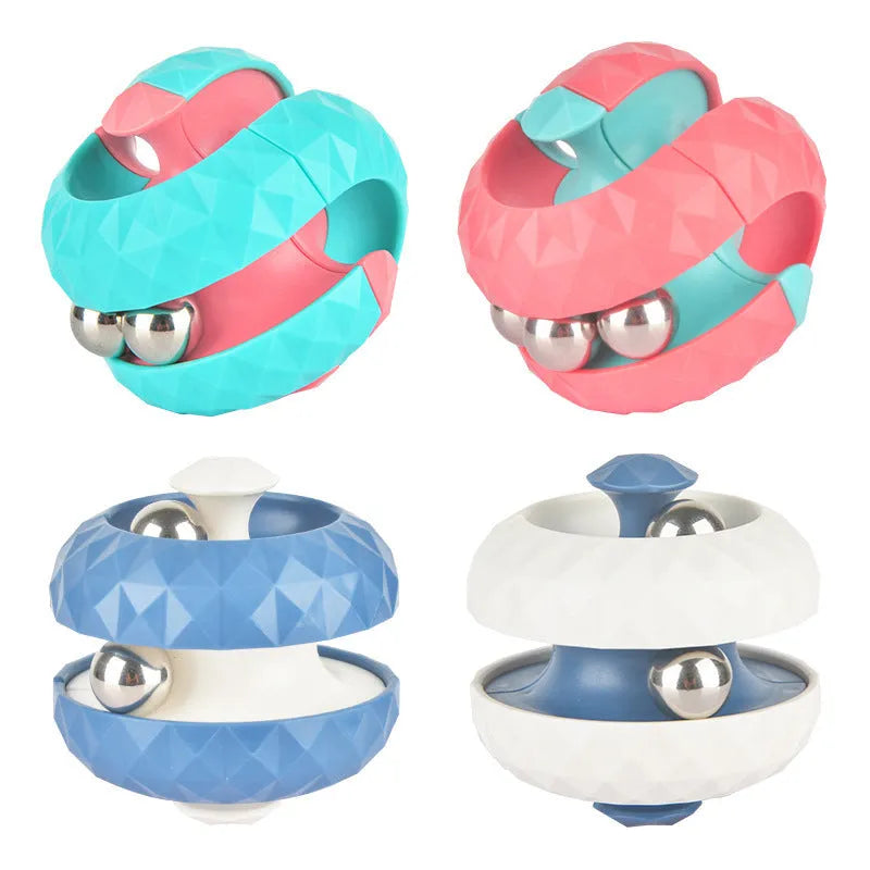 Diamond pattern ball track gyro Rubik's cube decompression fidget toy in blue and pink ABS plastic on white background