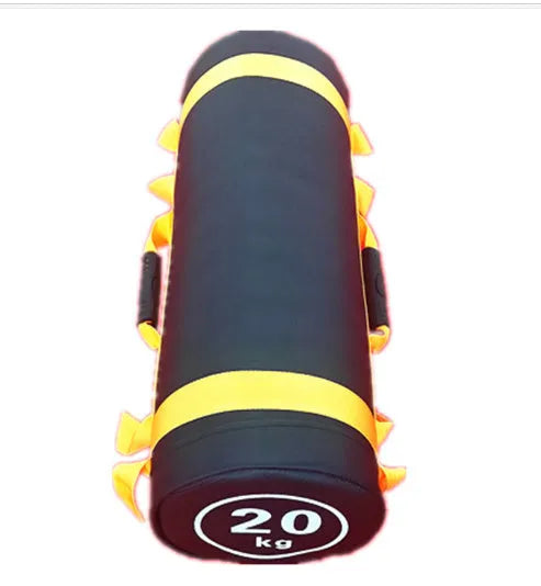 Flat white PVC fitness sandbag for weight lifting and strength training, shown with weight options.