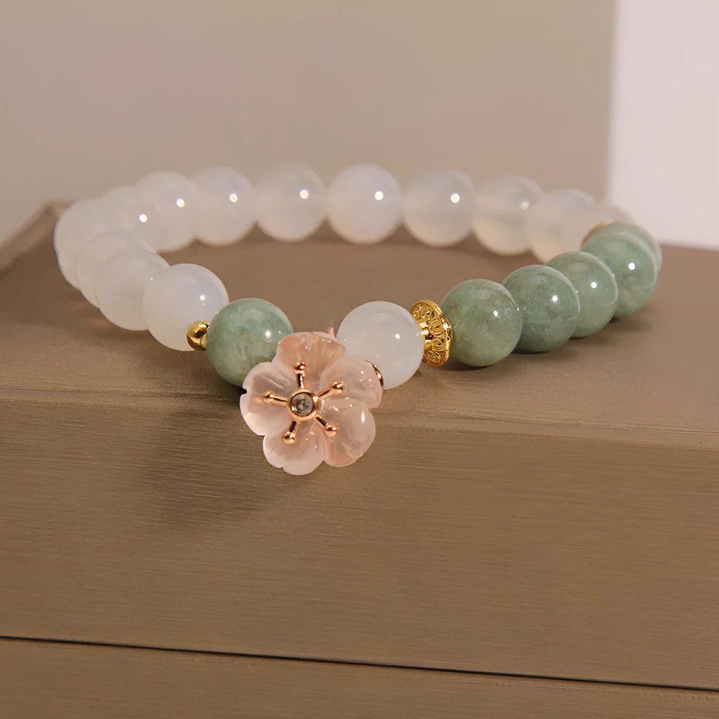 White agate and pink jade floral bracelet with adjustable beads for women