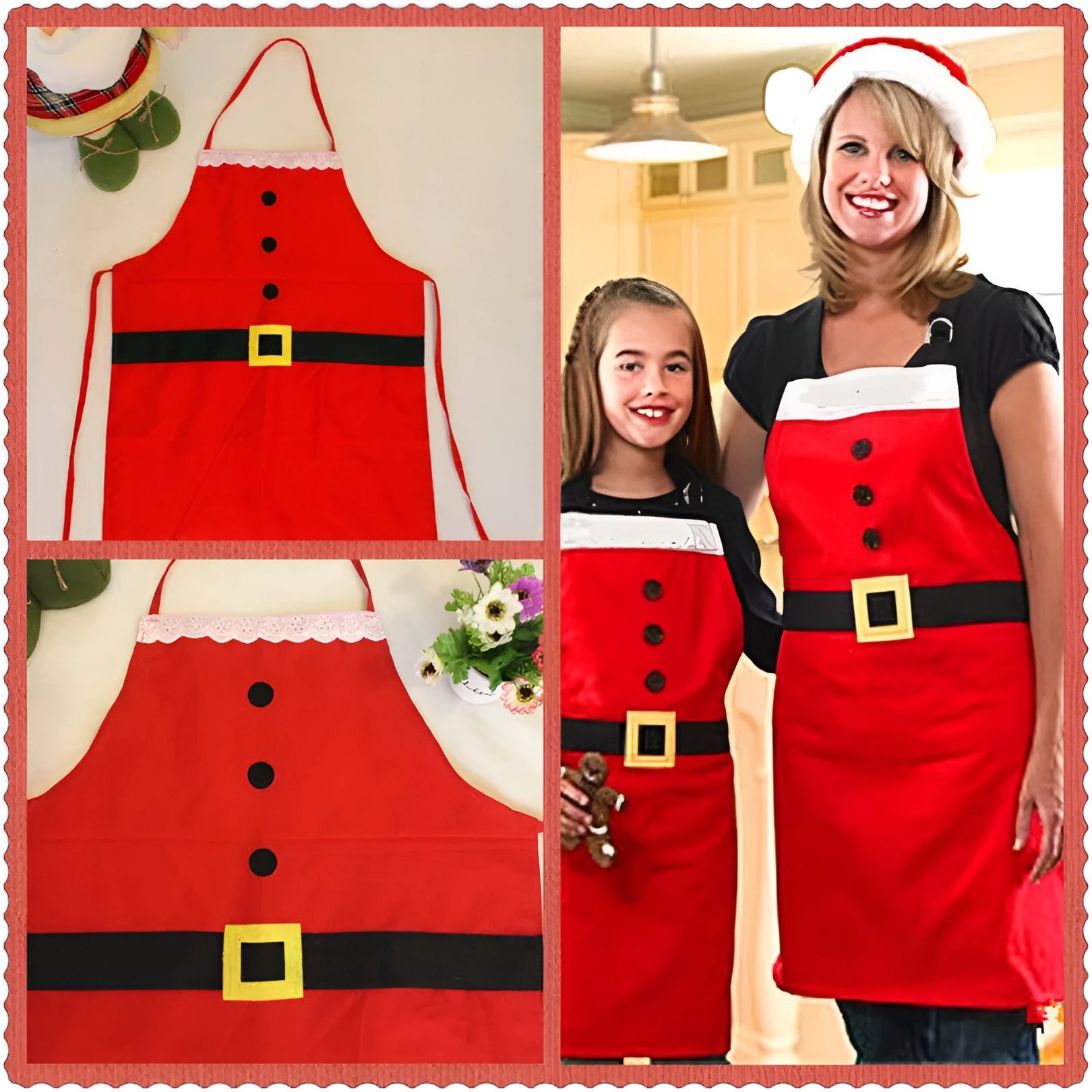 Red Merry Christmas print polyester apron for adult and children's kitchen use