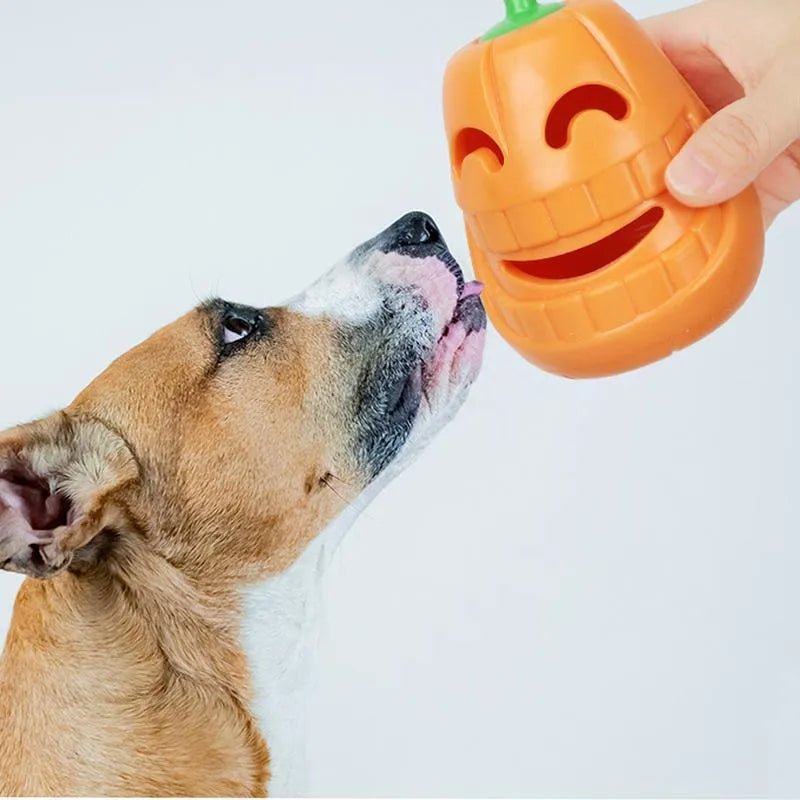 Yellow pumpkin shaped dog chew toy for aggressive chewers made from TPR material