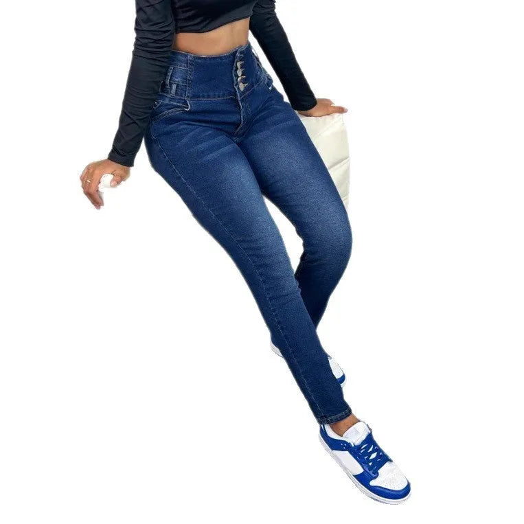Women's dark blue straight-leg jeans with breasted design and street hipster style