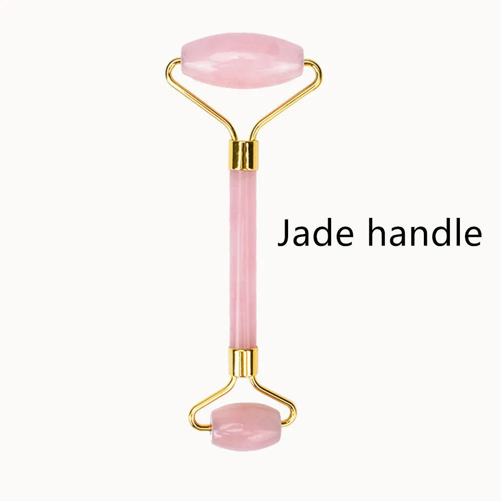 Two-piece resin gua sha roller set for face massage in black, pink, and green jade handle options