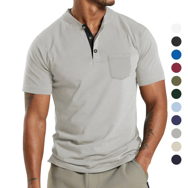 Plus size man wearing a solid colour short sleeve shirt with a buttoned chest pocket.
