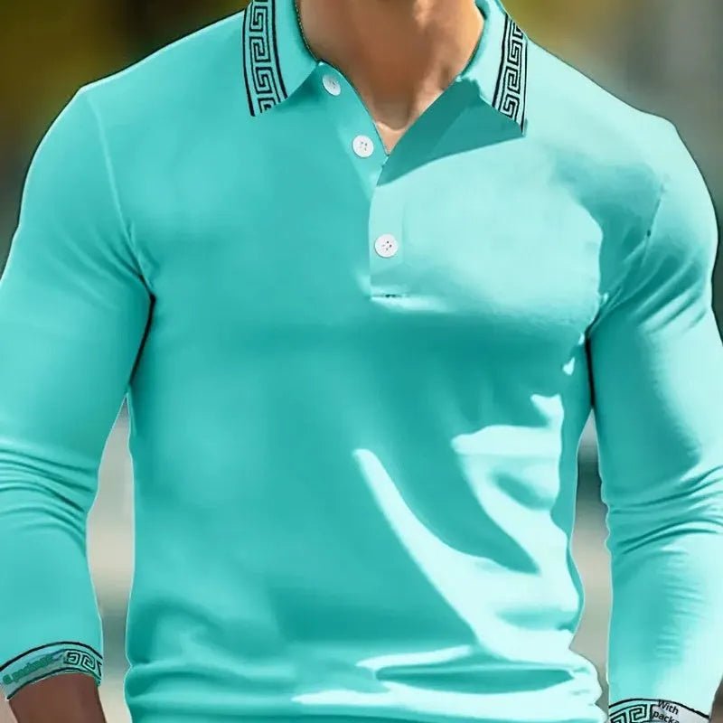 Men's retro-style long sleeve polo shirt with button detailing in loose fit