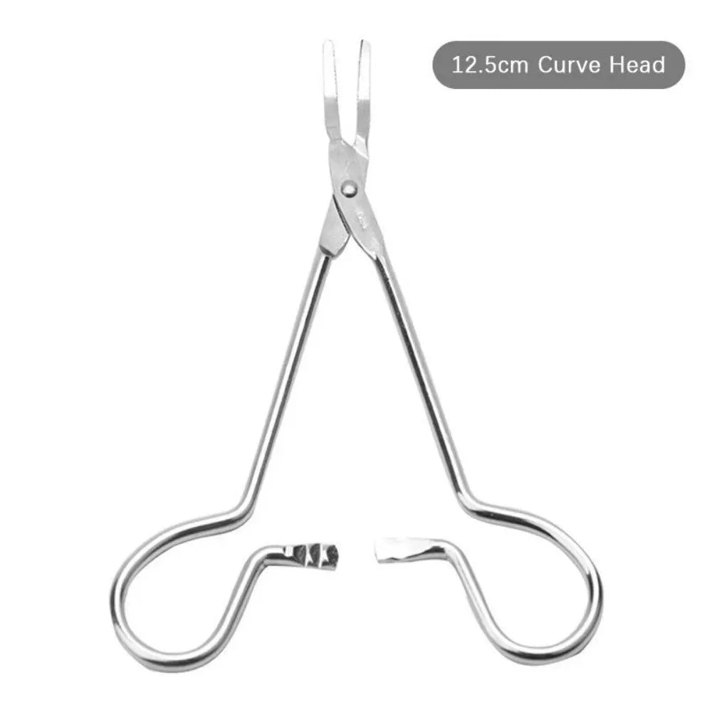 Silver stainless steel pet ear tweezers with ergonomic anti-slip handle for dog and cat ear hair removal.