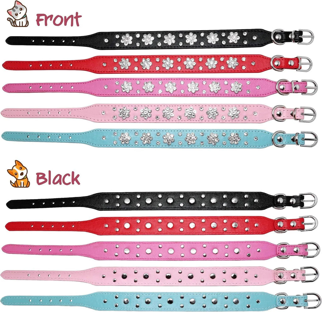 Soft black PU leather dog collar with sparkling pink rhinestone flower studs and a metal D-ring.