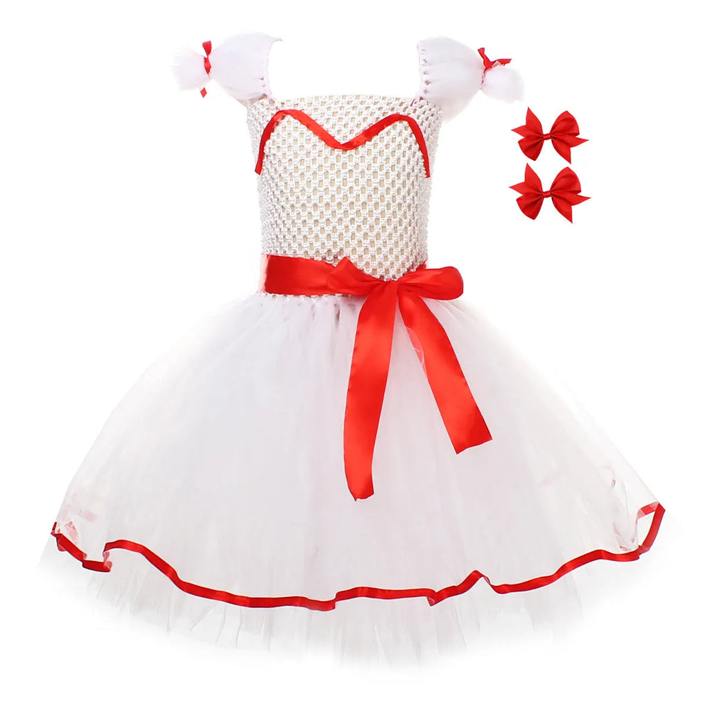 Children's white ghost doll costume dress with skirt bow barrettes and hair clips, Halloween cosplay