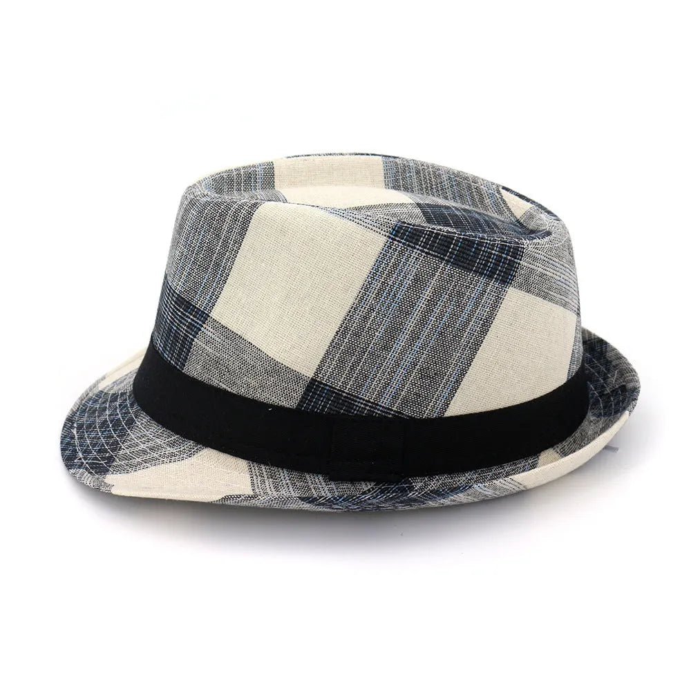 A black and blue polyester straw hat with a bell-shaped crown and a 4.5cm brim for sun protection.