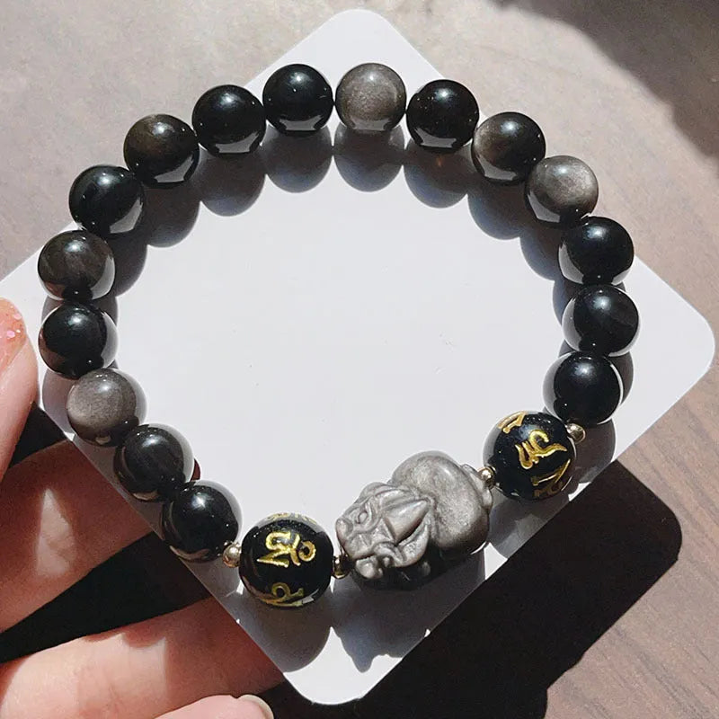 Natural silver stone men's bracelet with zodiac symbols and proverb beads