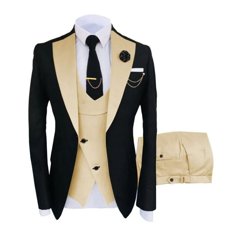 Men's slim fit three-piece cotton business suit with coat, vest, and trousers for formal occasions