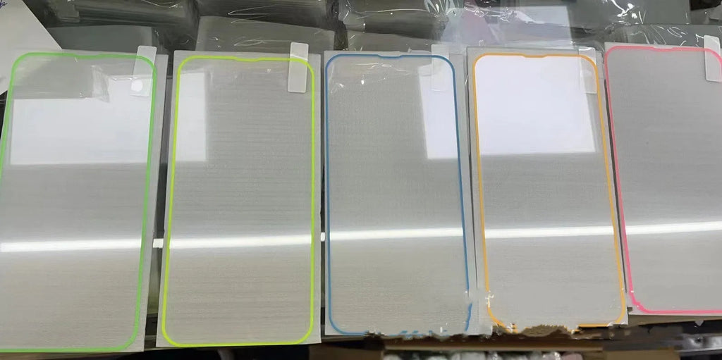 Fluorescent tempered glass full cover screen protector for iPhone in pink, yellow, green, blue, and grass green colours.