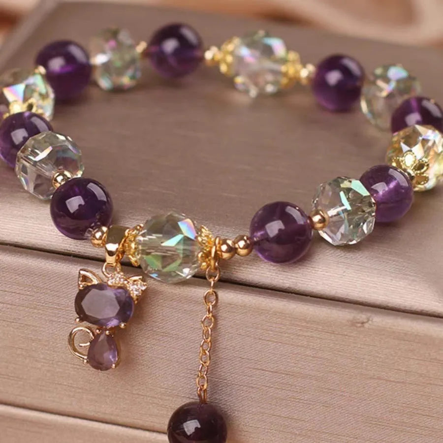 Natural amethyst fox pendant crystal bracelet with purple flower charm and antique styling