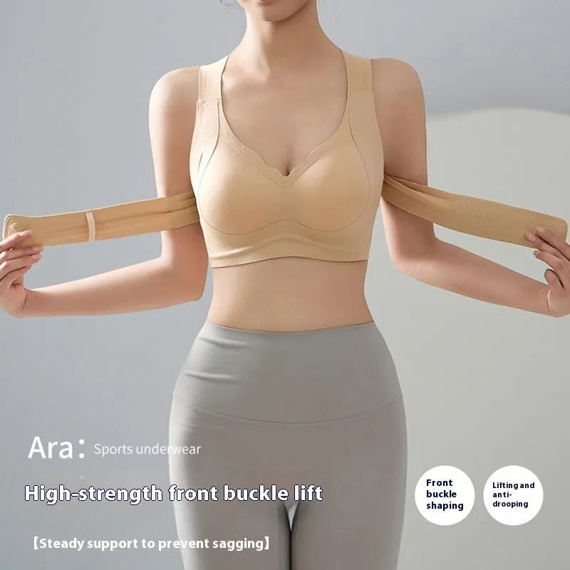 Front buckle sports bra with double shoulder straps and back shaping design for yoga