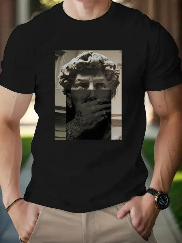 Cotton retro short sleeve t-shirt for men youth group work clothes black art sculpture design front view