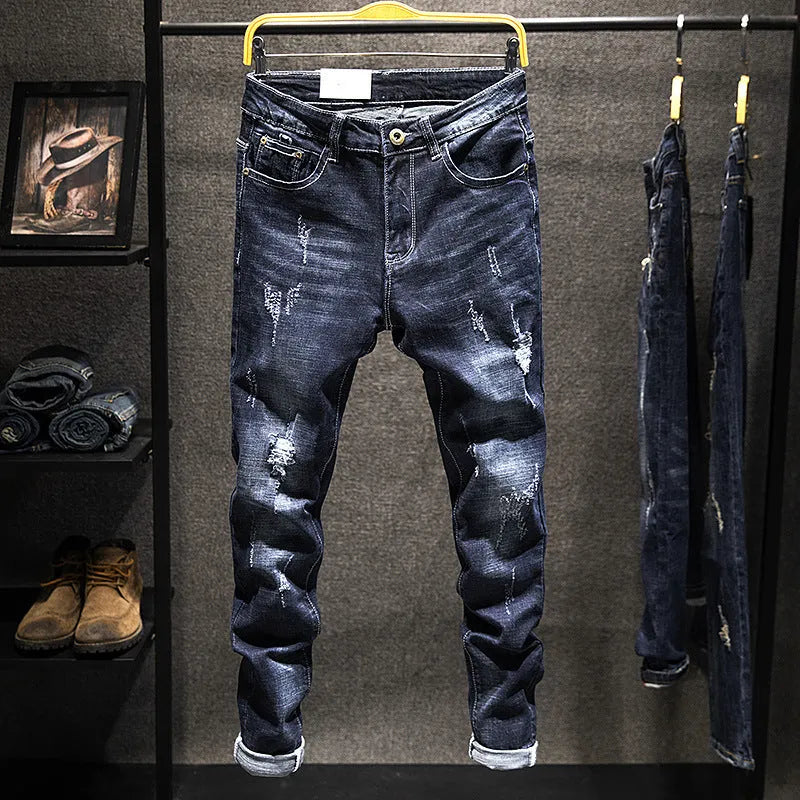 Men's slim-fitting skinny jeans in dark blue denim with micro elastic construction