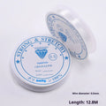 Spool of transparent white elastic cord for DIY jewellery making on a craft table.