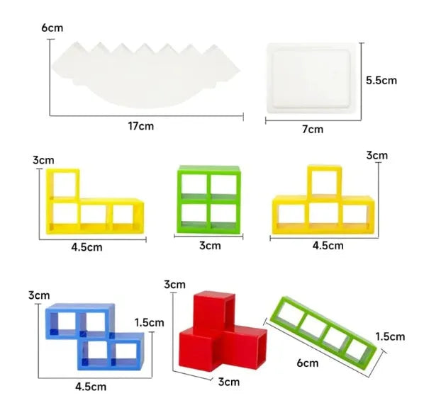 Plastic balance stacking board game with 16 colourful blocks, chassis, and base on a table.
